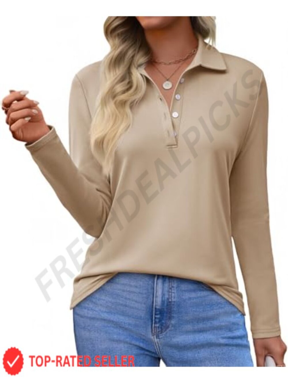 Womens Long Sleeve Polo Shirt V Neck Button Down Collared Casual Top